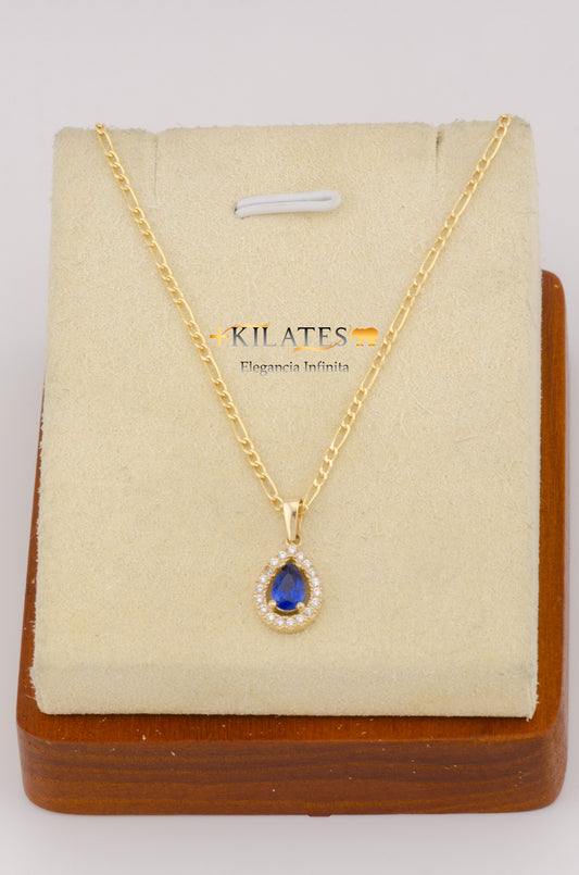 "CADENA PARA MUJER ESTILO 3+1 CON DIJE DE GOTA CON ZIRCONIA AZUL . ORO 10K #775-2564"