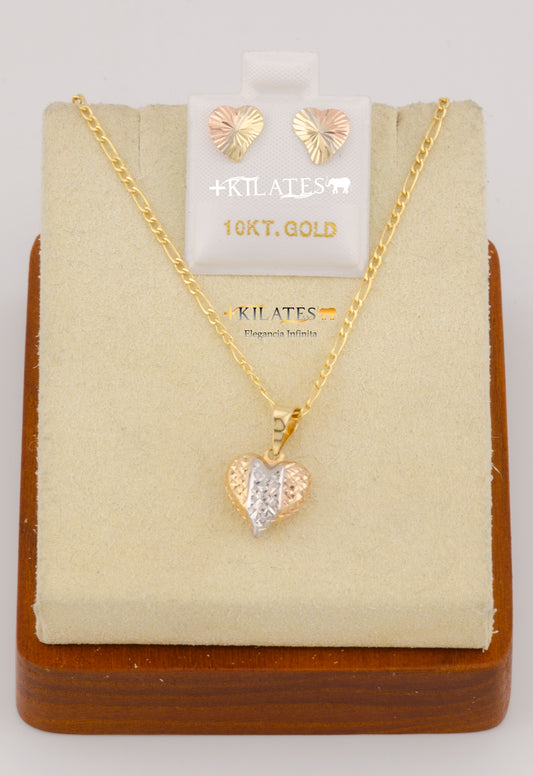 "SET PARA MUJER CADENA ESTILO 3+1  CON DIJE DE CORAZON Y ARETES. ORO 10K #775-2568"