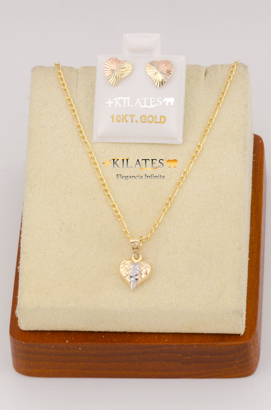 "SET PARA MUJER CADENA ESTILO 3+1  CON DIJE DE CORAZON Y ARETES. ORO 10K #775-2570"