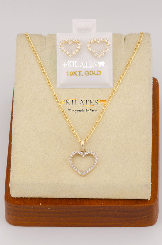 "SET PARA MUJER CADENA ESTILO 3+1  CON DIJE DE CORAZON Y ARETES. ORO 10K #775-2575"