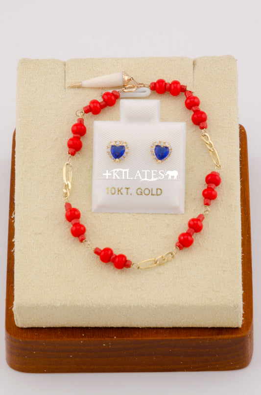 "SET PARA NIÑ@ DE PULSERA CON ARETES PREMIUM DE CORAZON CON ZIRCONIA AZUL. ORO 10K #775-2582"