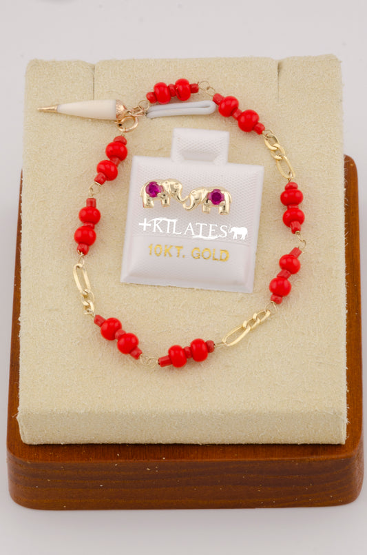 "SET PARA NIÑ@ DE PULSERA CON ARETES PREMIUM DE ELEFANTE CON PIEDA DE ZIRCONIA ROJA RUBI. ORO 10K #775-2591"