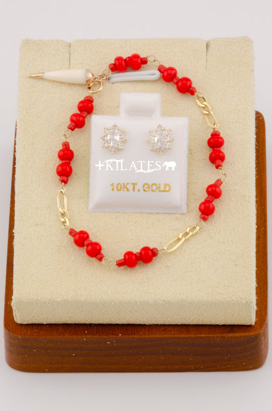 "SET PARA NIÑ@ DE PULSERA CON ARETES PREMIUM DE ALMENDRA CON ZIRCONIA BLANCA. ORO 10K #775-2596"