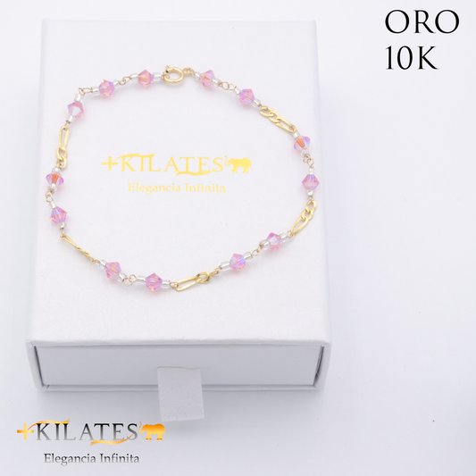 PULSERA CRISTALES SWAROSKY ROSA. ORO 10K