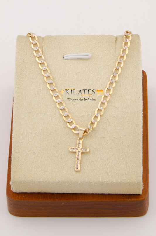 "CADENA DE 50 CM PARA ADULTO ESTILO CUBANA DIAMANTADA CON DIJE DE  CRUZ MEDIANA CON ZIRCONIA BLANCA. ORO 10K #775-2658"