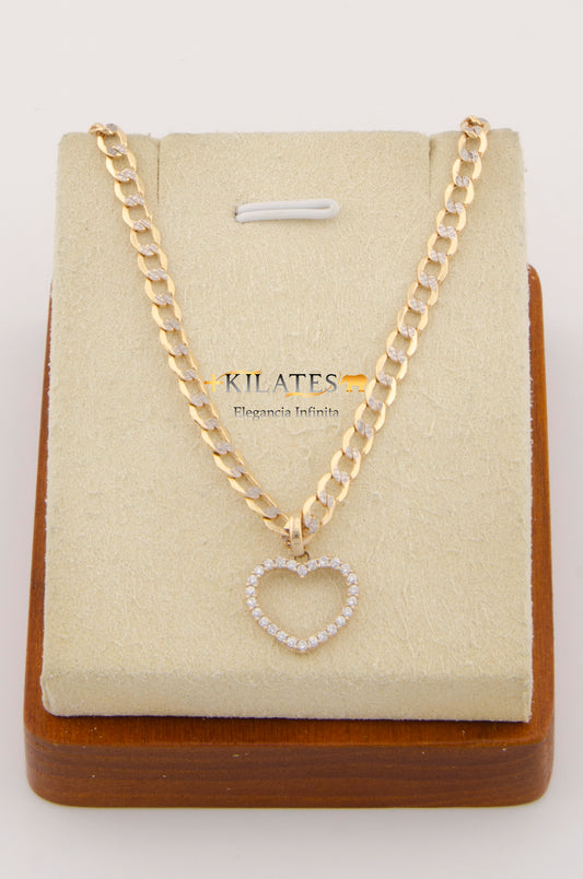 "CADENA DE 50 CM PARA ADULTO ESTILO CUBANA DIAMANTADA CON DIJE DE  CORAZON CON ZIRCONIA BLANCA. ORO 10K #775-2659"