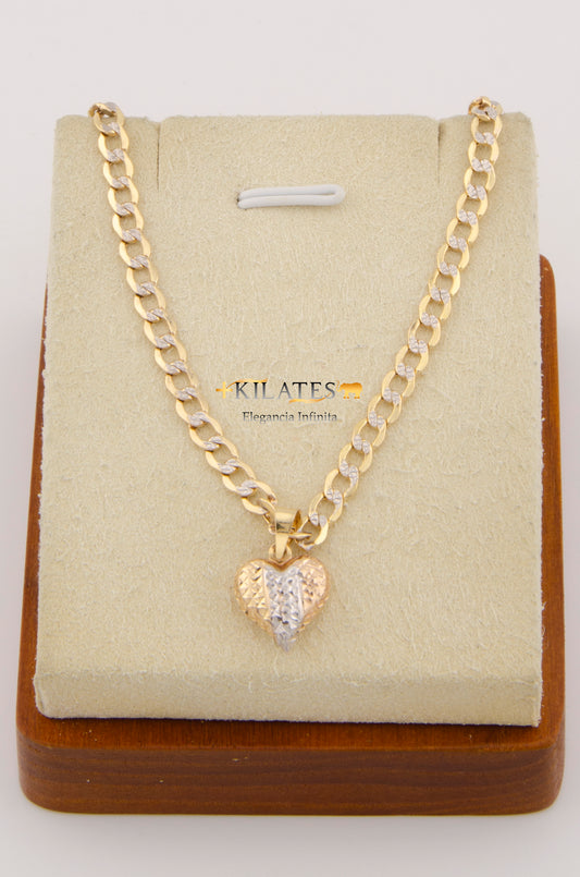 "CADENA DE 50 CM PARA ADULTO ESTILO CUBANA DIAMANTADA CON DIJE DE  CORAZON 3 TONOS GRANDE. ORO 10K #775-2661"