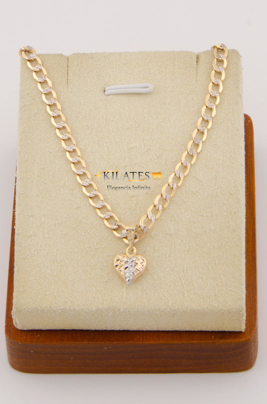 "CADENA DE 50 CM PARA ADULTO ESTILO CUBANA DIAMANTADA CON DIJE DE  CORAZON 3 TONOS PEQUEÑO. ORO 10K #775-2662"