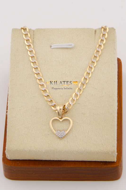 "CADENA DE 50 CM PARA ADULTO ESTILO CUBANA DIAMANTADA CON DIJE DE  CORAZON CON  ZIRCONIA BLANCA EN MEDIO. ORO 10K #775-2664"
