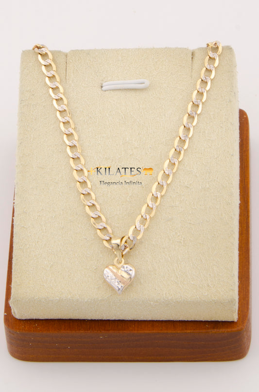 "CADENA DE 50 CM PARA ADULTO ESTILO CUBANA DIAMANTADA CON DIJE DE  CORAZON 3 TONOS. ORO 10K #775-2667"