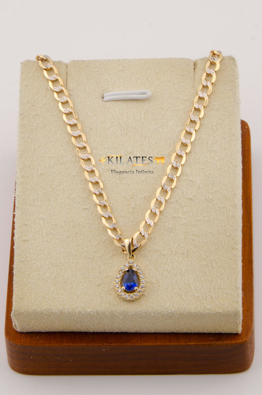 "CADENA DE 50 CM PARA ADULTO ESTILO CUBANA DIAMANTADA CON DIJE DE GOTA CON ZIRCONIA AZUL. ORO 10K #775-2669"