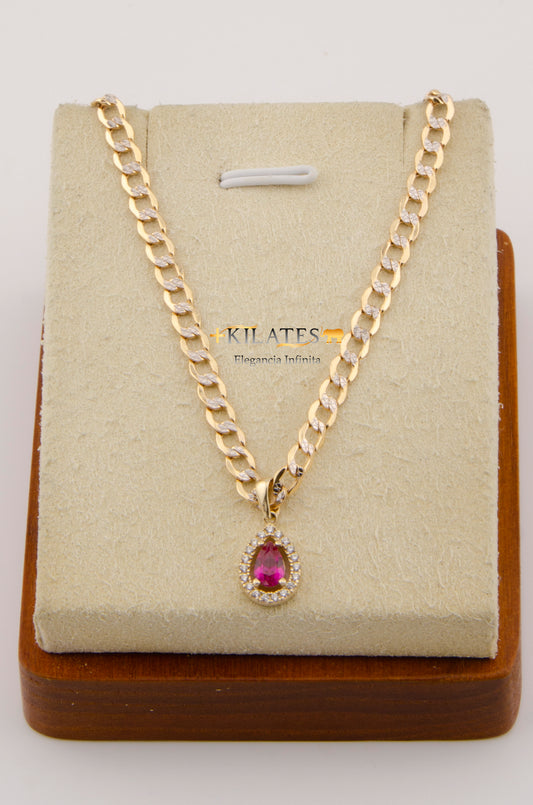 "CADENA DE 50 CM PARA ADULTO ESTILO CUBANA DIAMANTADA CON DIJE DE GOTA CON ZIRCONIA ROJA RUBI. ORO 10K #775-2670"
