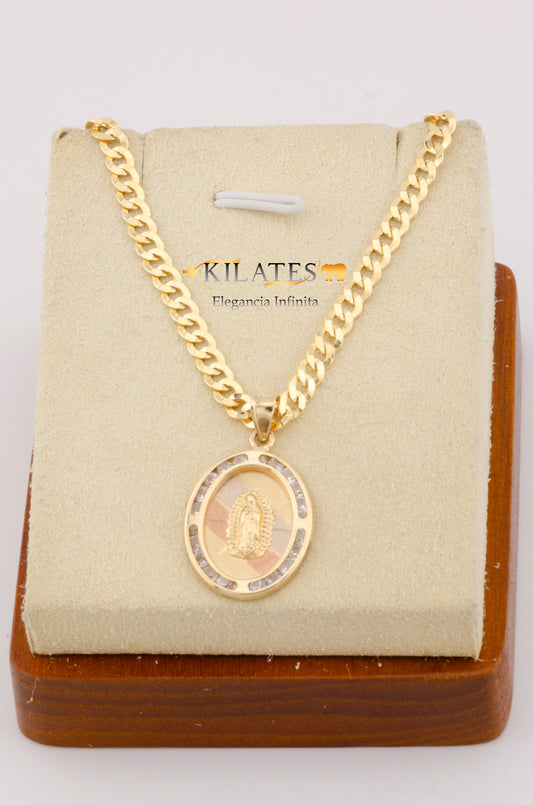 "CADENA DE 50 CM PARA ADULTO ESTILO CUBANA CON DIJEDE LA VIRGEN OVALADO GRANDE CON ZIRCONIA BLANCA. ORO 10K.  #775-2692"