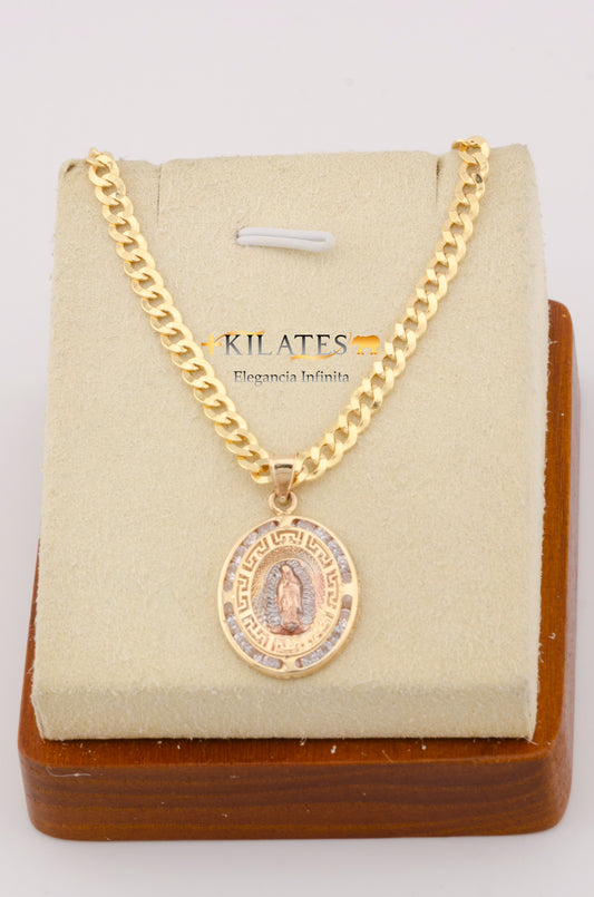 "CADENA DE 50 CM PARA ADULTO ESTILO CUBANA CON DIJEDE LA VIRGEN OVALADO GRANDE CON ZIRCONIA BLANCA. ORO 10K.  #775-2693"