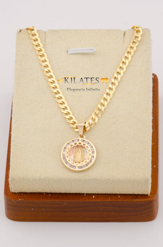 "CADENA DE 50 CM PARA ADULTO ESTILO CUBANA CON DIJE DE LA VIRGEN REDONDO CON ZIRCONIA BLANCO. ORO 10K.  #775-2694"