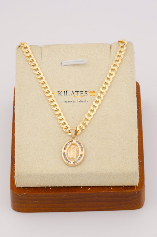 "CADENA DE 50 CM PARA ADULTO ESTILO CUBANA CON DIJE DE LA VIRGEN OVALADO MEDIADNO CON ZIRCONIA BLANCA. ORO 10K.  #775-2696"