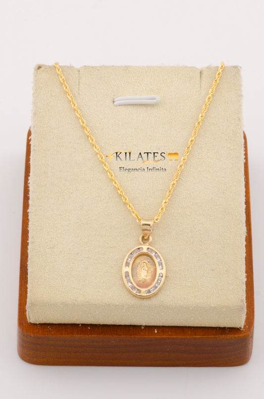 "CADENA DE 50CM PARA ADULTO ESTILO LAZO CON DIJE DE LA VIRGEN OVALADO MEDIANO CON ZIRCONIA BLANCA. ORO 10K #775-2755"