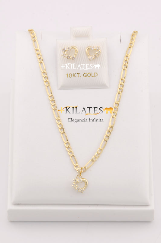 "SET PARA MUJER DE CADENA DE 50CM ESTILO 3+1 CON DIJE DE LA CORAZON CON ZIRCONIA BLANCA Y ARETES. ORO 10K #775-2829"