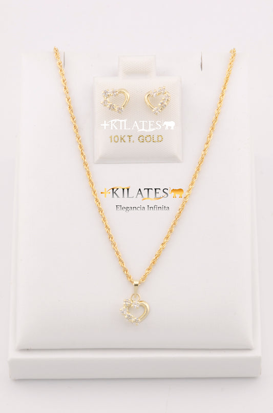 "SET PARA MUJER DE CADENA DE 50CM ESTILO LAZO CON DIJE DE LA CORAZON CON ZIRCONIA BLANCA Y ARETES. ORO 10K #775-2833"