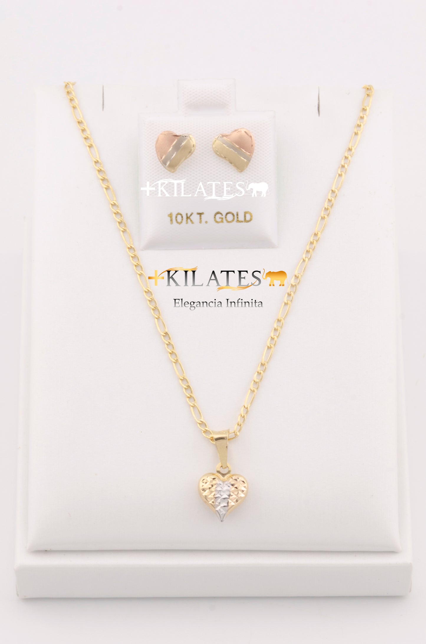 "SET PARA MUJER DE CADENA DE 50CM ESTILO 3+1 CON DIJE DE LA CORAZON 3 TONOS Y ARETES. ORO 10K #775-2835"