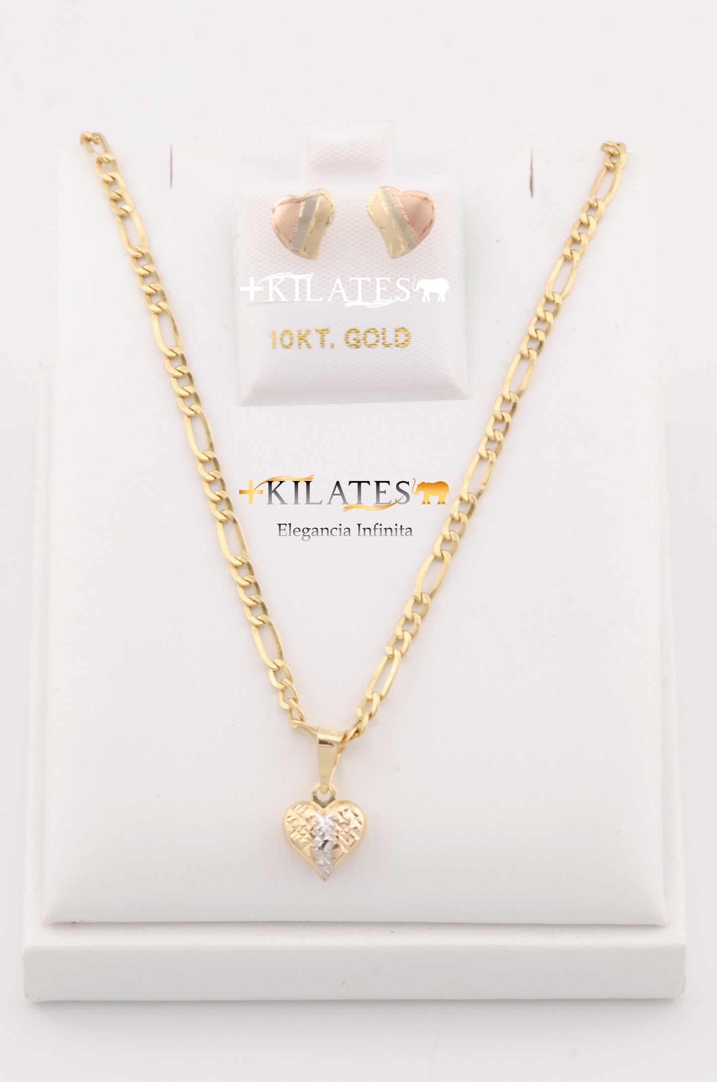 "SET PARA MUJER DE CADENA DE 50CM ESTILO 3+1 CON DIJE DE LA CORAZON 3 TONOS Y ARETES. ORO 10K #775-2830"