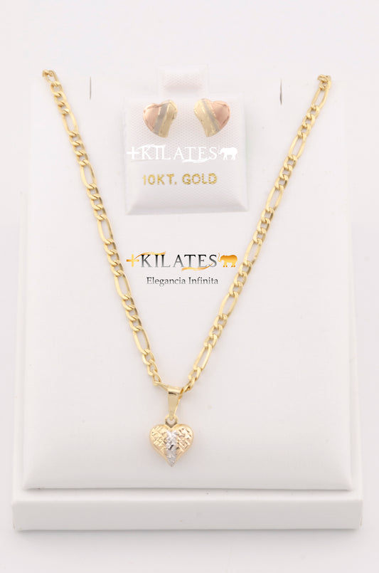 "SET PARA MUJER DE CADENA DE 50CM ESTILO 3+1 CON DIJE DE LA CORAZON 3 TONOS Y ARETES. ORO 10K #775-2830"