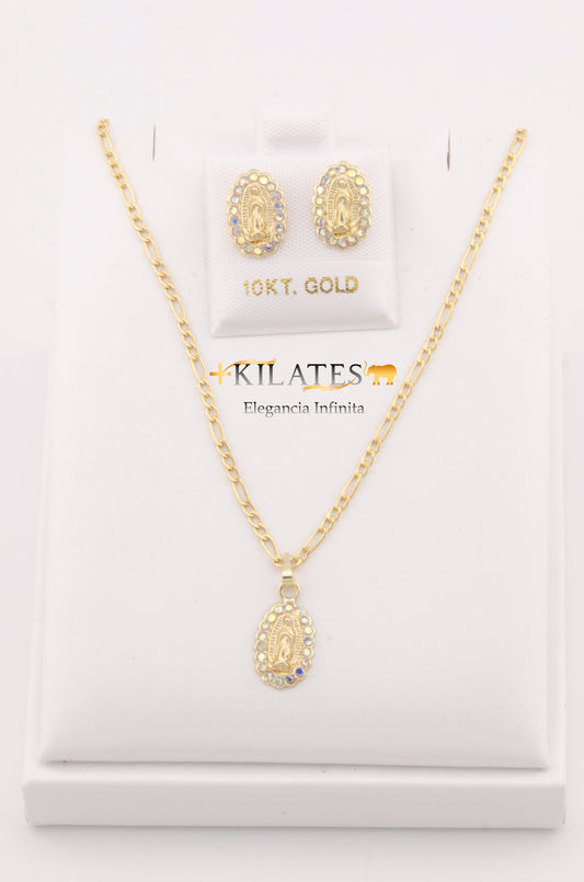 "SET PARA MUJER DE CADENA DE 50CM ESTILO 3+1 CON DIJE DE LA VIRGEN CON ZIRCONIA TORNASOL Y ARETES. ORO 10K #775-2834"