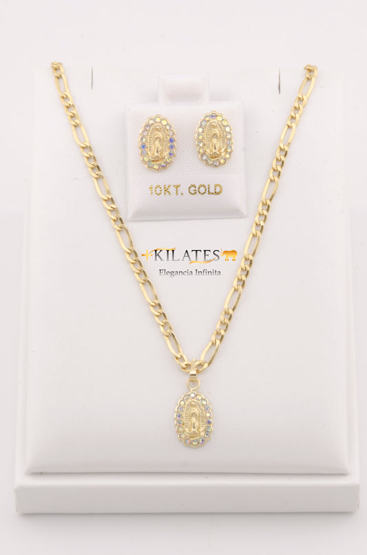 "SET PARA MUJER DE CADENA DE 50CM ESTILO 3+1 CON DIJE DE LA VIRGEN  CON ZIRCONIA TORNASOL Y ARETES . ORO 10K #775-2828"