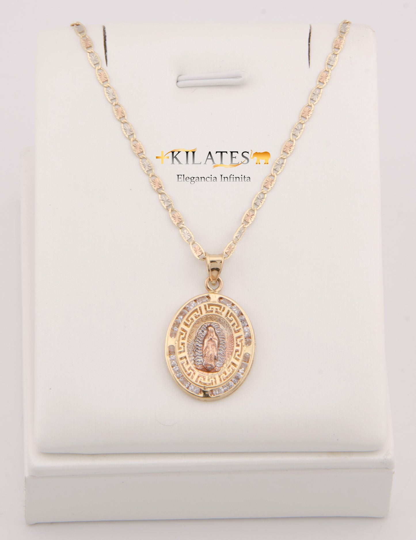 "CADENA DE 50CM PARA ADULTO ESTILO 3 OROS CON DIJE DE DE LA VIRGEN OVALADO GRANDE CON ZIRCONIA BLANCA .ORO 10K #775-2860"