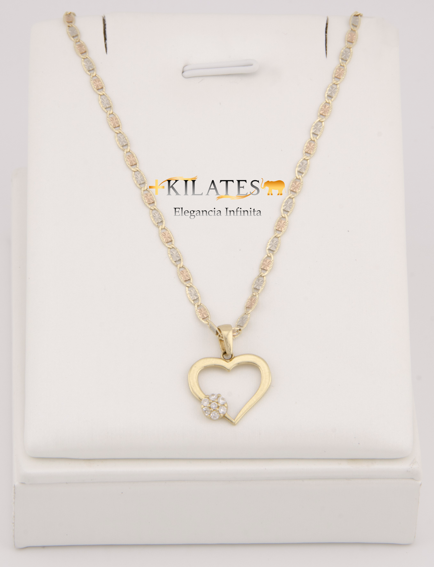 "CADENA DE 50CM PARA ADULTO ESTILO 3 OROS CON DIJE DE CORAZON  CON ZIRCONIA BLANCA  AL LADO.ORO 10K #775-2876"