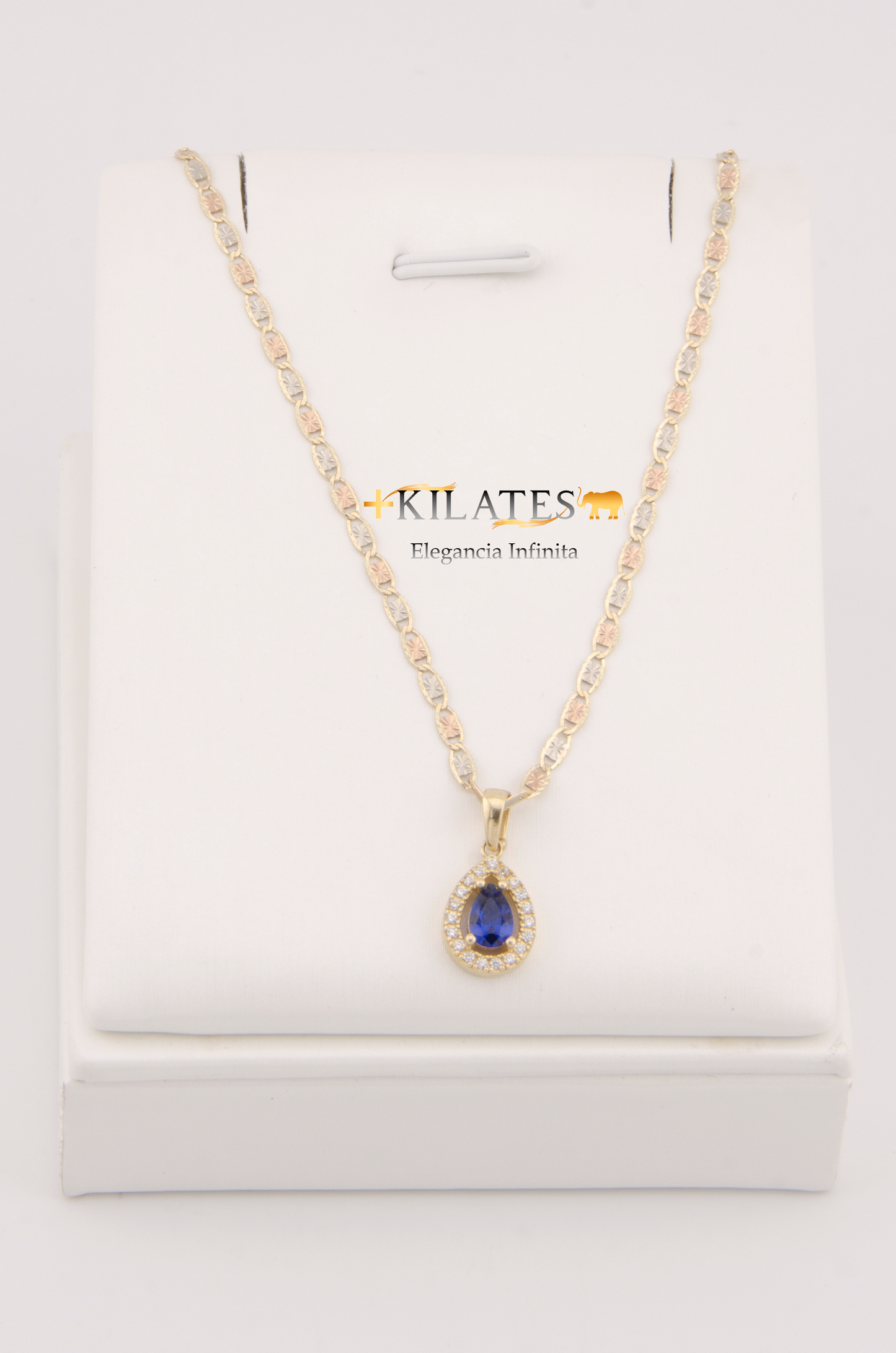 "CADENA DE 50CM PARA ADULTO ESTILO 3 OROS CON DIJE DE PLACA DE GOTA CON ZIRCONIA AZUL.ORO 10K #775-2898"