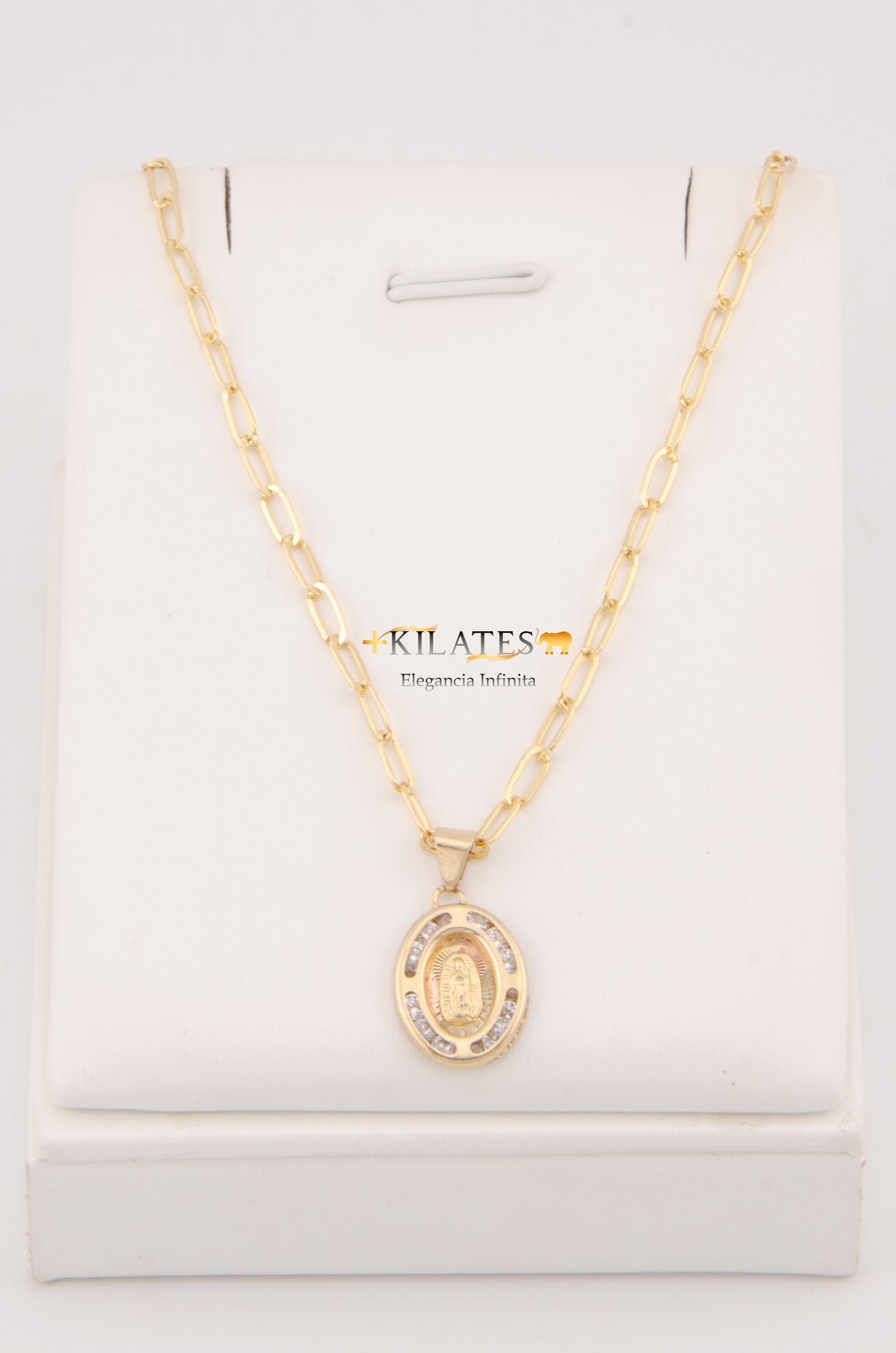 "CADENA DE 50CM PARA ADULTO ESTILO CLIP CON DIJDIJE DE LA VIRGEN OVALADO MEDIANO CON ZIRCONIA BLANCA . ORO 10K #775-2970"