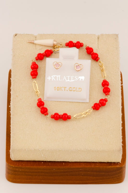 "SET PARA NIÑ@ DE PULSERA CON ARETES PREMIUM DE CORAZON CON FLOR ROSADA PEQUEÑA. ORO 10K #775-3068"