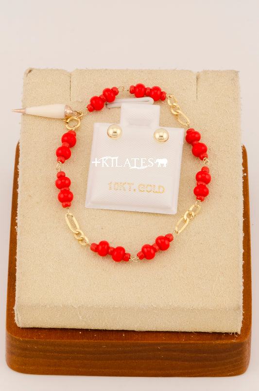 "SET PARA NIÑ@ DE PULSERA CON ARETES PREMIUM DE ESFERAS PEQUEÑOS. ORO 10K #775-3069"