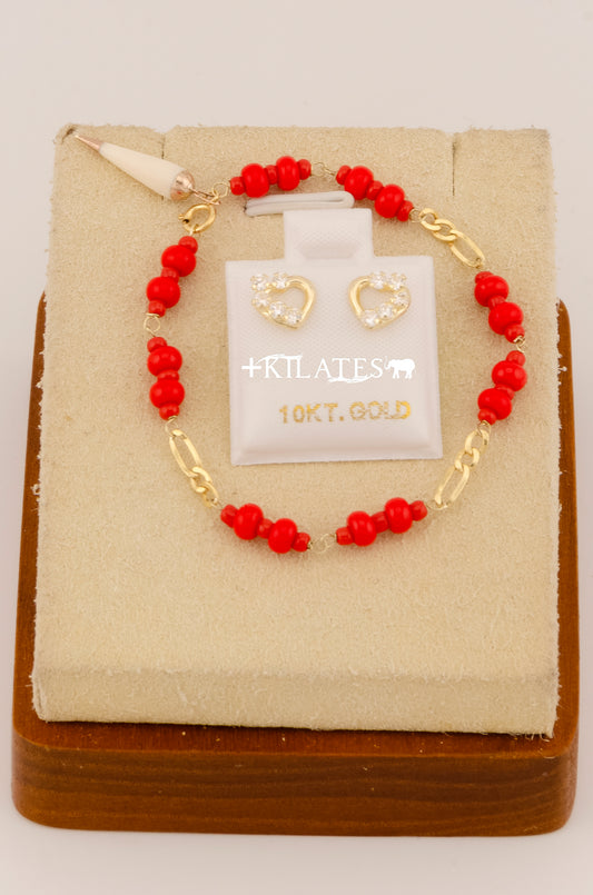 "SET PARA NIÑ@ DE PULSERA CON ARETES PREMIUM  DE CORAZON CON PIEDRAS DE ZIRCONIA BLANCO . ORO 10K #775-3070"
