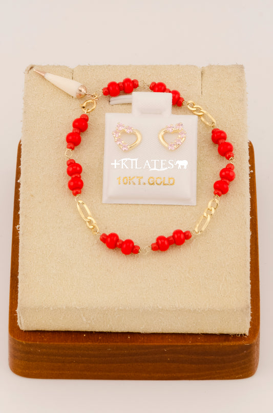 "SET PARA NIÑ@ DE PULSERA CON ARETES PREMIUM DE CORAZON CON PIEDRA DE ZIRCONIA ROSADA . ORO 10K #775-3071"