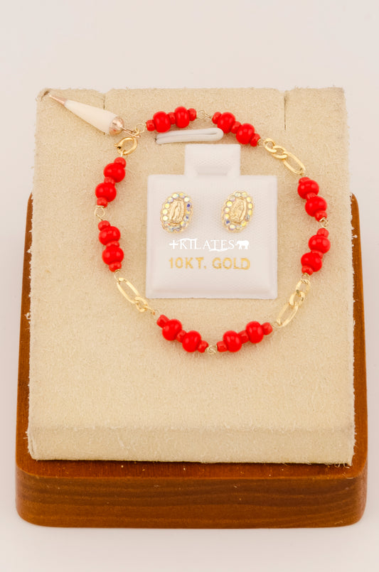 "SET PARA NIÑ@ DE PULSERA CON ARETES PREMIUM DE LA VIRGEN CON PIEDRAS TORNASOL . ORO 10K #775-3072"