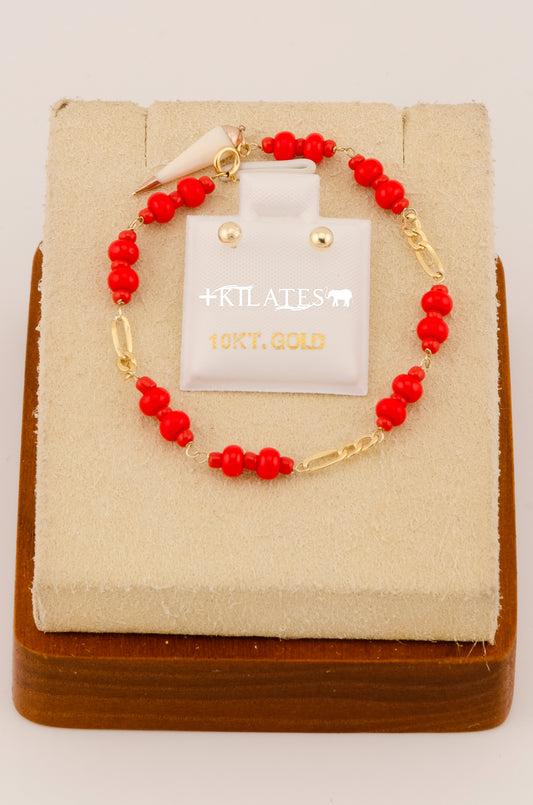 "SET PARA NIÑ@ DE PULSERA CON ARETES PREMIUM DE ESFERAS PEQUEÑAS . ORO 10K #775-3073"