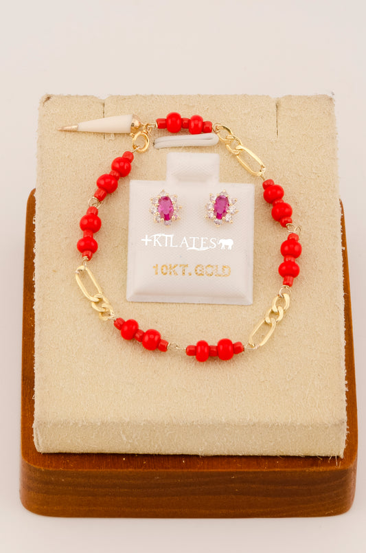"SET PARA NIÑ@ DE PULSERA CON ARETES PREMIUM DE ALEMDRA ROJA RUBI . ORO 10K #775-3078"