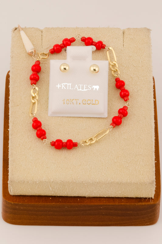 "SET PARA NIÑ@ DE PULSERA CON ARETES PREMIUM DE ESFERAS MEDIANDAS . ORO 10K #775-3080"
