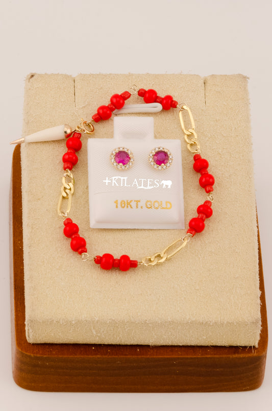 "SET PARA NIÑ@ DE PULSERA CON ARETES PREMIUM REDONDOS CON ZIRCONIA ROJA RUBI . ORO 10K #775-3082"