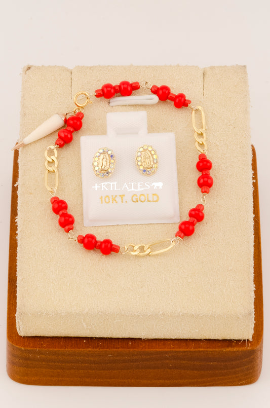 "SET PARA NIÑ@ DE PULSERA CON ARETES PREMIUM DE LA VIRGEN CON PIEDRAS TORNASOL. ORO 10K #775-3084"
