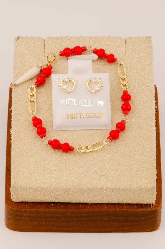 "SET PARA NIÑ@ DE PULSERA CON ARETES PREMIUM DE CORAZON CON ZIRCONIA BLANCA . ORO 10K #775-3085"