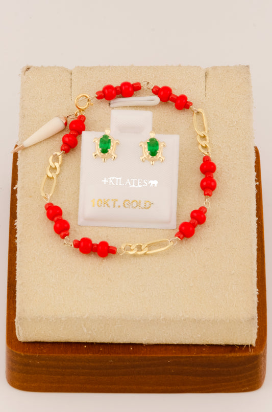 "SET PARA NIÑ@ DE PULSERA CON ARETES PREMIUM DE TORTUGA CON ZIRCONIA VERDE . ORO 10K #775-3089"