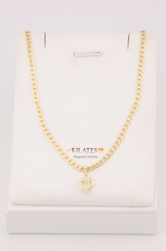 "CADENA DE 50CM PARA ADULTO ESTILO CUBANA CON DIJE DE CORAZON CON PIEDRAS DE ZIRCONIA BLANCA. ORO 10K #775-3131"