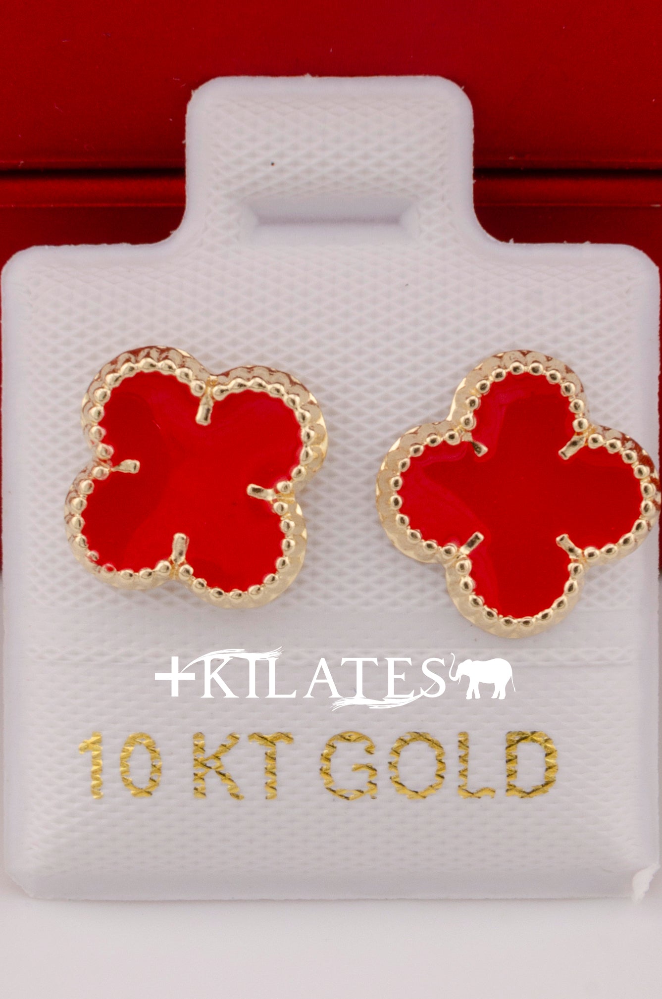 "ARETES PREMIUM DE  TREBOL VAN CLEFF ROJOS. ORO 10K #775-3232"