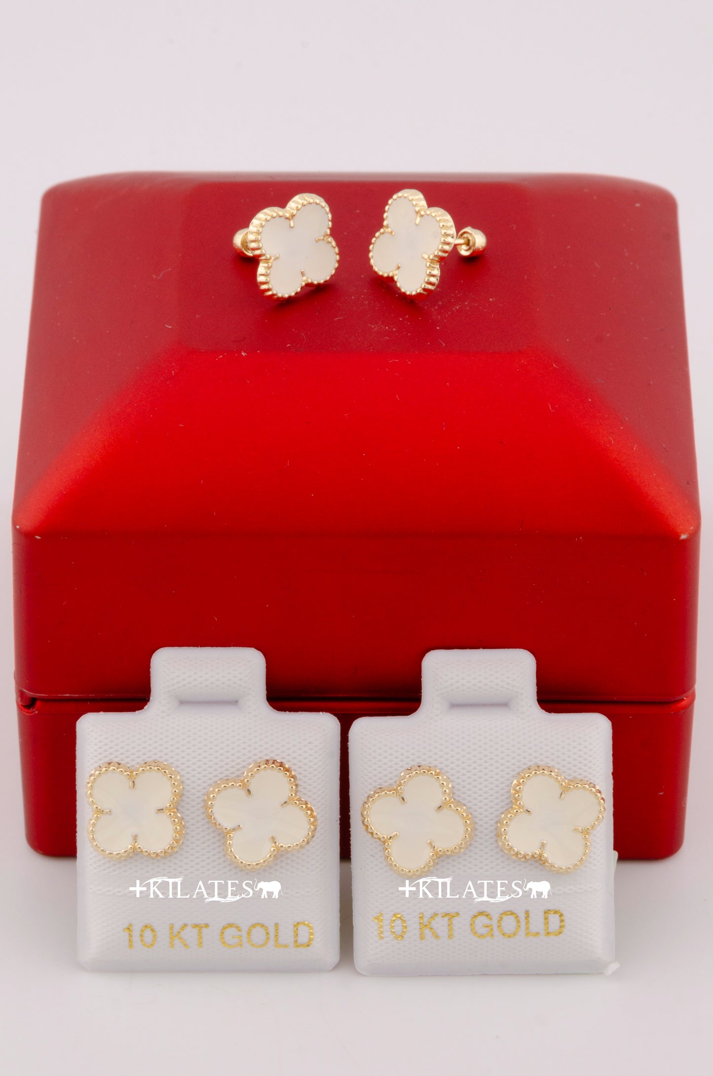 "ARETES PREMIUM DE  TREBOL VAN CLEFF BLANCOS. ORO 10K #775-3234"