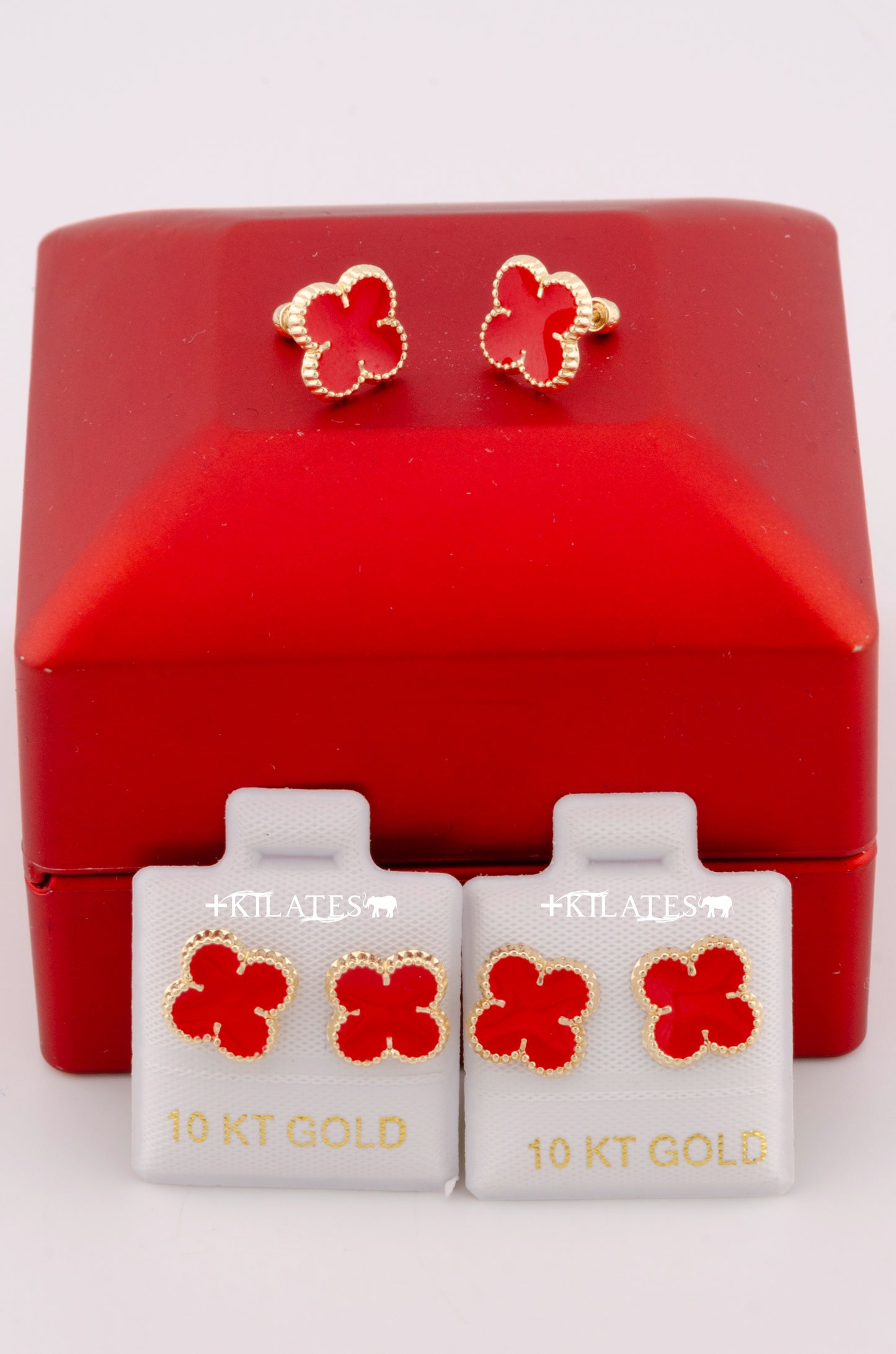 "ARETES PREMIUM DE  TREBOL VAN CLEFF ROJOS. ORO 10K #775-3232"