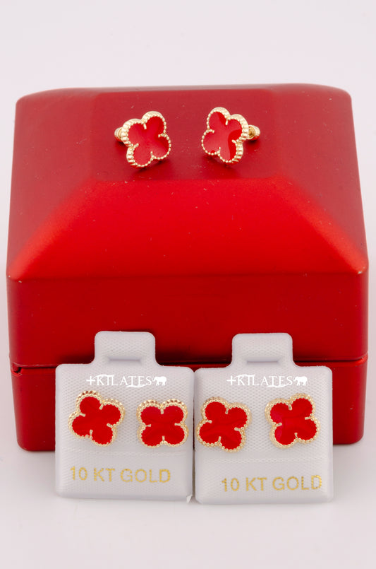 "ARETES PREMIUM DE  TREBOL VAN CLEFF ROJOS. ORO 10K #775-3232"