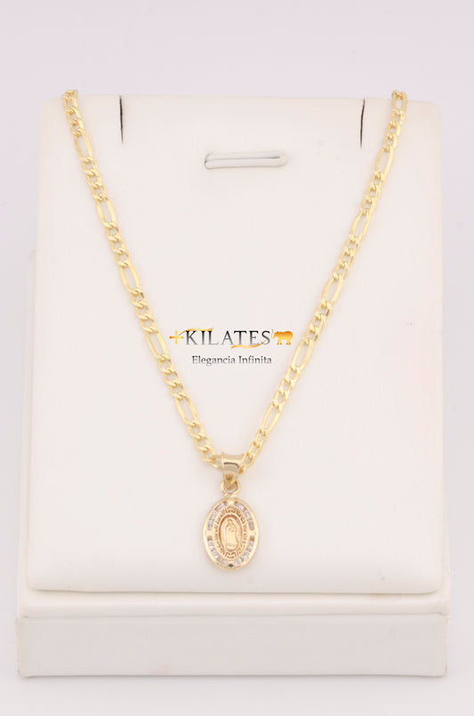 "CADENA DE 40CM PARA NIÑ@ ESTILO 3+1 CON DIJE OVALADO DE LA VIRGEN. ORO 10K #775-3383"